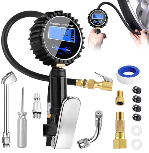 Däckpåfyllare med manometer, däckpåfyllare, däcktrycksmätare digital, exakt däcktrycksmätare för bil, motorcykel, cykel, lastbil, lufttrycksmätare, för verkstad och på språng