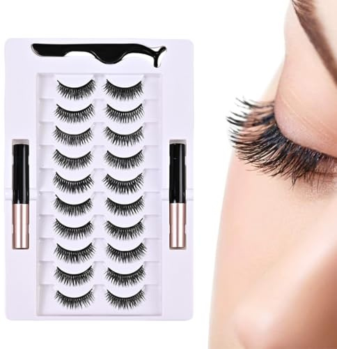 KAFZEL 10 pares de pestañas postizas magnéticas de aspecto natural, pestañas postizas naturales, ultraligeras y fáciles de aplicar, sin pegamento,Trae rímel y herramientas