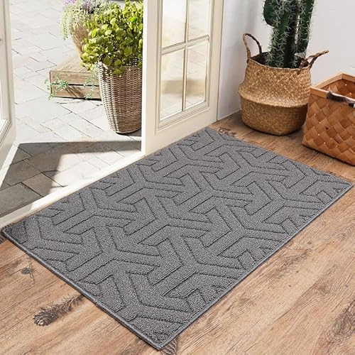 WELLTURN 50×80cm Zerbino Ingresso Interno Antiscivolo e Assorbente, Tappeto in Microfibra Lavabile con Base in Gomma per Cucina, Bagno, Porta e Animali, Freccia Grigio Scuro
