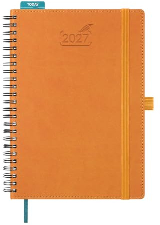 BEZEND Kalender 2027 Buchkalender 1 Woche 2 Seiten A5 (21,5 x 15,5 cm) | 12-Monate Wochenplaner (Jan - Dez 2027), Ringbuch mit PU-Leder Softcover, 100 GSM Papier, Orange