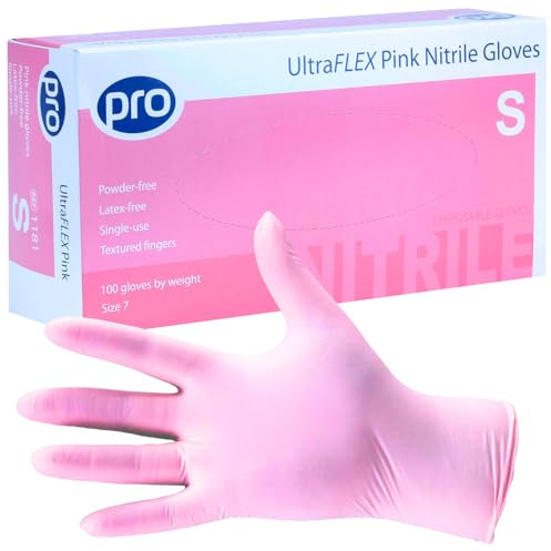 Pro UltraFLEX Pink Disposable Gloves - Pink Nitrile Gloves Small - 100x Pack - Powder-Free - Latex Free - Ideal Nail Tech Supplies, Tattoo Supplies - Food Safe