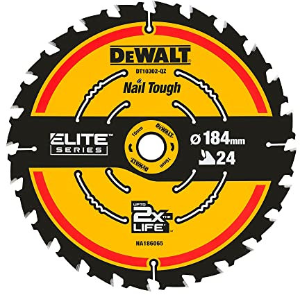Dewalt Elite Kreissägeblatt DT10302 (Sägeblatt-ø 184/16 mm, Schnittbreite: 1,65 mm, 24 Zähne, Zahngeometrie: WZ, Zahnwinkel: 18°, ultra-scharfe Hartmetall-Zähne, mit Nail Tough, für Universal-Einsatz)