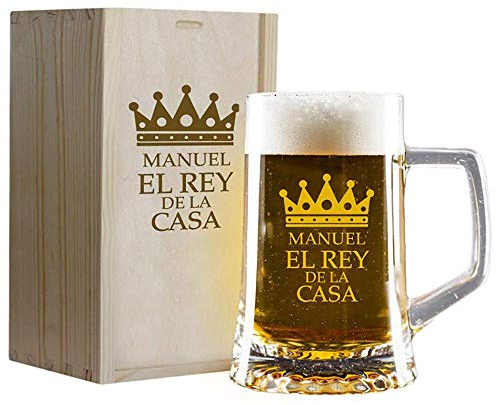 CALLE DEL REGALO Chope à bière « Le roi de la maison » gravée avec son nom dans un étui en bois également gravé