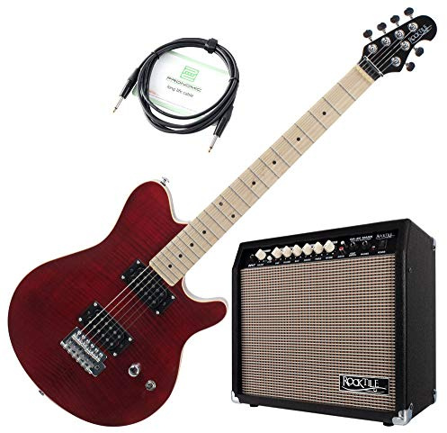 Rocktile Pro MM150-TR E-Gitarre Verstärker Set, Modell: MM150-TR, 3 kg | Korpus: Linde, Geflammte Decke, Hals: Ahorn verschraubt, 2 Humbucker Tonabnehmer, 22 Jumbo Bünde, Ahorn Griffbrett, 3 kg