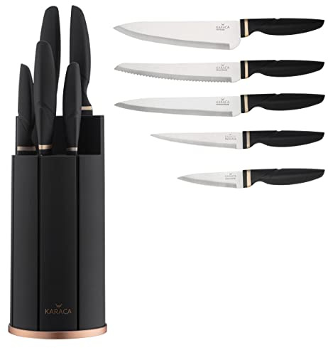 Karaca Proofcut 6-Piece Black Knife Set with Block, Stainless Steel Kitchen Knives Sets with Ergonomic Handles, Includes Chef's, Carving, Bread, Utility, Paring Knives & Rubber Stand
