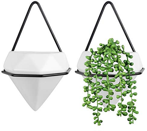 Comrzor Set von 2 Keramik-Hängepflanzen, geometrische Wanddekor-Behälter, zum Aufhängen mit schwarzem Metallrahmen für Sukkulenten, Luftpflanze, Mini-Kaktus, Kunstpflanzen (klein, weiß)