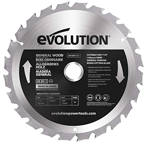 Evolution Power Tools GW185TCT-24 General Wood Carbide Tipped TCT Blade, For Table Saws and Mitre Saws, 185 mm