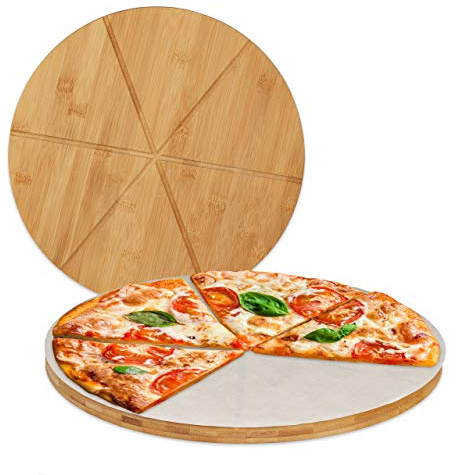 Relaxdays Planche Pizza, Bambou, x16, Assiette Ronde 33 cm, Papier de Cuisson, avec rainures pour Le découpage, Nature