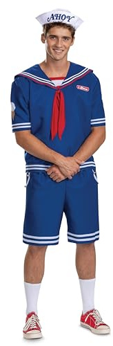 Förklädnad herr Stranger Things Steve Scoops Ahoy-kostym, officiell främling saker kostym med topp och hatt, Som visat, Men's Size Extra Large (50-52)