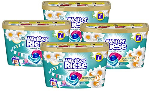 Weißer Riese Universal Trio-Caps Aromatherapie Essentials 64 (4x 16) Wäschen, Waschmittel mit Lotus & Mandelöl, pflegendes Vollwaschmittel mit ätherischen Ölen, die zu 100% natürlich sind