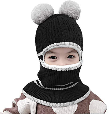 FakeFace Kinder Mädchen Wintermütze Warm Niedlich Schlupfmütze mit Bommel Beanie Strickmütze Schalmütze Fleece Mütze Dickes Winter Nackenwärmer Ohrenschützer Hüte für 2-6 Jahre Kleinkind