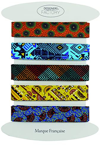 Juego de 5 Bies de algodón estampado Wax Patrón africano - Descubra nuestras variantes - Cintas al sesgo de algodón de bella calidad - 2 metros por color - 100% algodón. (Set L)