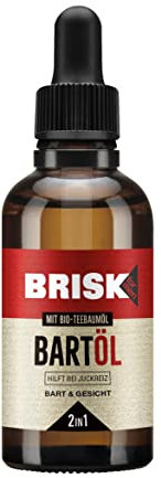 BRISK 2in1 Bartöl für Männer, 50 ml, Bartpflege mit Bio-Teebaumöl, zieht schnell ein, gepflegte Haut & weiche Barthaare, fettet nicht, zur Rasur, Gesichtspflege