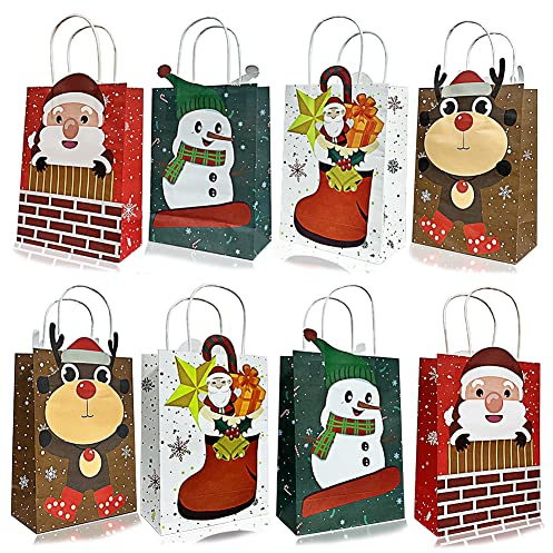 OEMG 16 Bolsas Regalo Kraft de Navidad 4 Estilos Surtidos Con Asas y Estampados Navideños Para Envolver Regalos de Suministros de Fiesta
