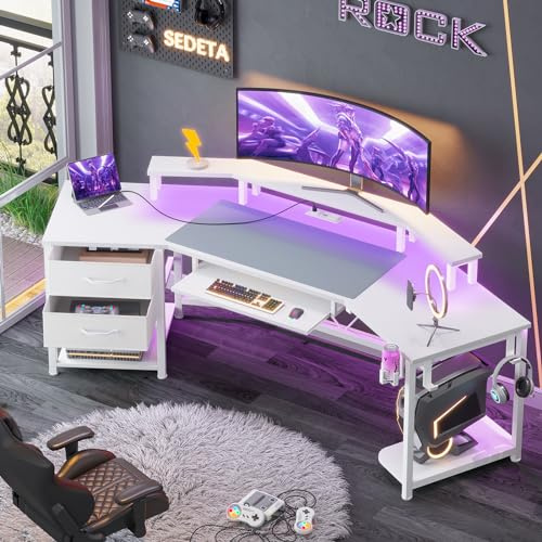 SEDETA 79 Gaming Desk, Computer Desk with 2 Fabric Drawers & LED Light, White Small Desk with Storage for Home Office, Carbon Fiber White