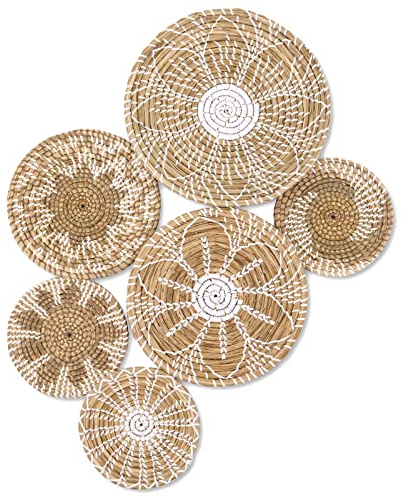 Boho-Wandkorb-Dekor-Set, 6er-Set, gewebte Korb, Wanddekoration, handgefertigt, rund, flach, Seegraskörbe, Wandkunst, für rustikales Bauernhaus, Zuhause, einzigartige Weiden-Wandkorb-Dekoration (weiß,