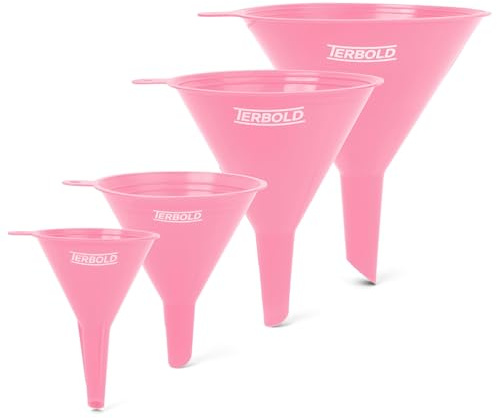 Terbold 4pc Funnel Nesting Set in BPA Free Plastic for Kitchen Cooking, Car Oil, Home, or Lab Use (Pink)