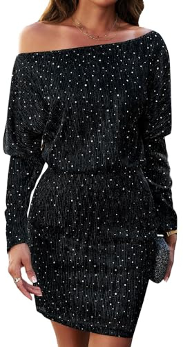 RPAEOY Vestito Donna Corto Elegante con Paillettes Manica Lunga Mini Abito Senza Spalla Tinta Unita Aderente Bodycon Sexy Abiti da Festa Discoteca Cocktail Nero M
