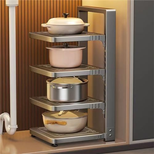 MWNAGO Organiseur sous évier, organisateur de casseroles de cuisine, rangement sous placard, distance des couches réglable, étagère en acier inoxydable pour cuisine et salle de bain (gris, 4 niveaux)