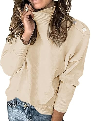 Imily Bela Damen Pullover Elegant Stehkragen Strickpullover Leichter Basic Pulli Winter Lange Ärmel Gemütliche Gestrickte Passform mit Metallknöpfen(Apricot,L)
