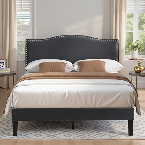 VECELO Lit Double Rembourré 140x190 cm, Cadre Solide et Support à Lattes en Bois, Forte capacité de Poids, Antidérapant et sans Bruit, Tissu Velours, Assemblage Facile, Gris