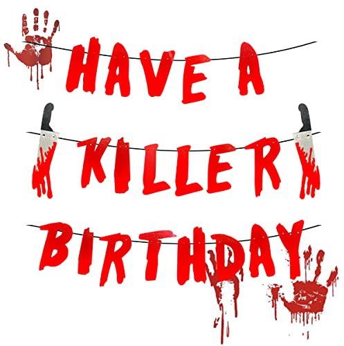 Banner „Have a Killer Birthday“, Halloween-Horror-Partydekoration mit blutigen Waffen für Horrorfilm-Partys, Halloween-Zombie-Vampir-Partydekorationszubehör