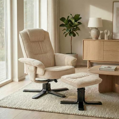 IDIMEX Relaxsessel Charly mit Hocker beige - TV Sessel mit Verstellbarer Rückenlehne, Wohnzimmersessel mit Seitenfach und Beinablage, Loungesessel aus Kordstoff