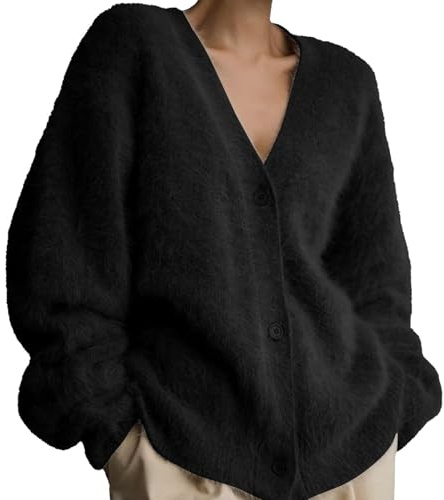 MAOAEAD Luxurious Cashmere Cardigan, Women's Solid Color Fluffy Knitting Sweater Cardigan, V-Neck Open Front Stylish Soft Jacket (Black,S)