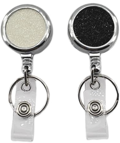 YEMCHI 2 Pack Metal Retractable Badge Holder Reel - Durable & Bling Keychain, Decorative Id Badge Holder with Clip, Ideal for Nurses, Teachers, Students, Office Use (Glitter Black & Glitter White)