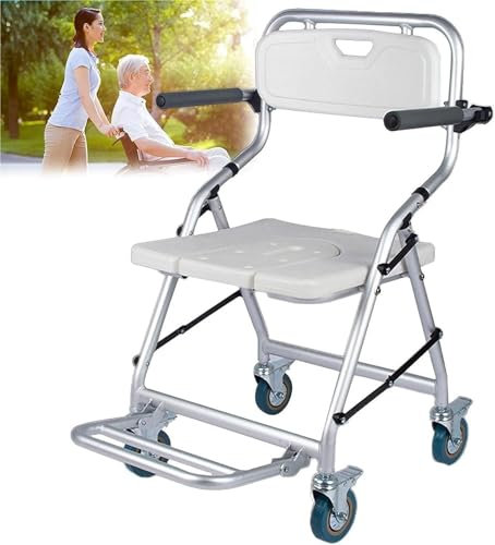 Verstellbarer Duschstuhl für ältere Menschen mit Rollen und Armlehne, tragbarer Badhocker für Behinderte, faltbarer und ergonomischer Duschstuhl mit Rollen