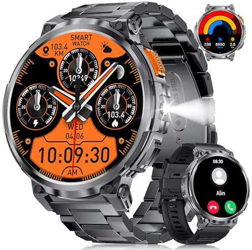 ESFOE Military Smart Watch for Men with Bluetooth Call,1.85 HD Large Display with LED Flashlight/730mAh,100+Sports Mode Tactical Fitness Tracker/Heart Rate Sleep Health Monitor/IP68 for Android iOS