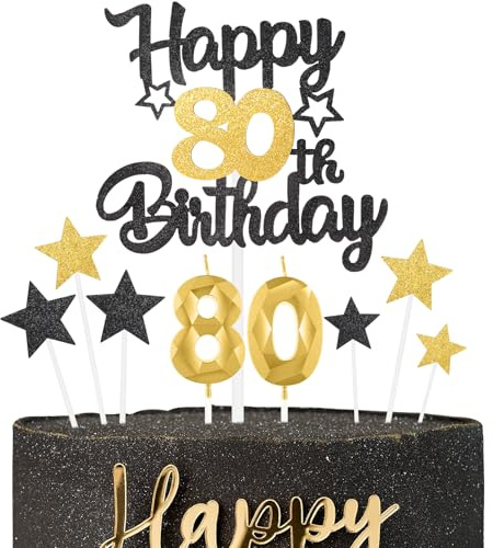Black Gold Happy 80th Birthday Candles Cake Topper Set,Gold Number 80 Birthday Candles with Black Gold 80th Birthday Cake Toppers Star Cupcake Toppers for Men Women Birthday Anniversary Decorations