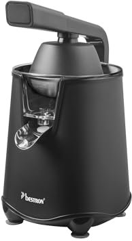 Bestron elektrische Saftpresse, Orangenpresse mit Auslauf-Stopp Funktion & edelstahl Fruchtfleischsieb, inkl. 2 Presskegel, 450ml Kapazität, Soft-Press Hebel für einfache Bedienung, Schwarz Matt