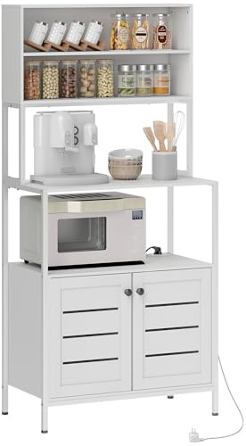 HOMCOM Estantería de Cocina con Toma de Corriente Soporte para Microondas Estante de Cocina con 2 Puertas con Lamas 2 Puertos USB Marco de Acero y Compartimentos para Comedor Salón Blanco