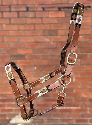 Argentina Polo Leather Horse Headcollar Halter, Embroidered Design, Brass Fittings, Newmarket Tan (Extra Full)