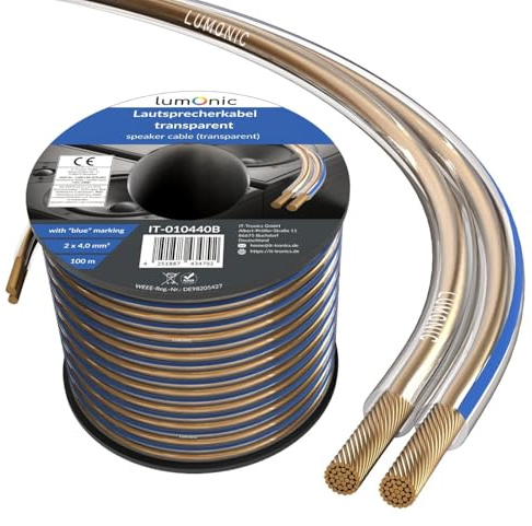 Lumonic Cavi per altoparlanti | 100m Trasparente | 2x 4mm² CCA | Marcatura blu Cavo per diffusori HiFi | Linea audio doppia