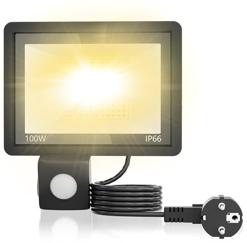 LILIIN 100W LED Strahler mit Bewegungsmelder, 3500LM Superhell Außenstrahler Scheinwerfer Fluter IP66 Wasserdichter, für Garten, Garage, Außen&Innen, Warmweiß, Mit Stecker