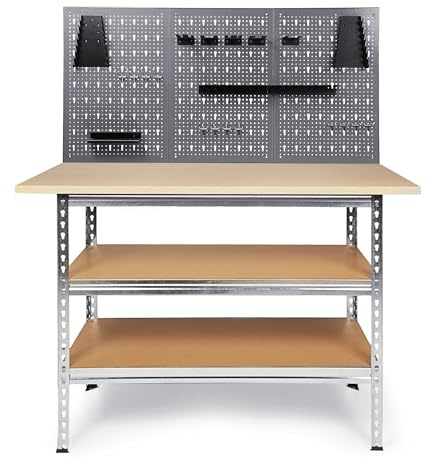 Ondis24 Werkbank Werkstatt 120x60cm Mit 25mm Melaminarbeitsplatte, 151cm Höhe, 2 Ablageflächen, Metallgehäuse, Lochwand Werkstatt Set Mit 3 Lochwänden & 22 Haken Für Handwerker