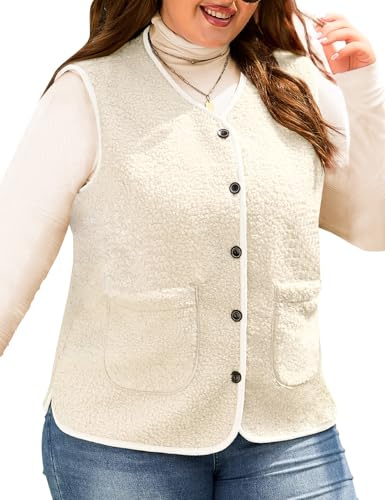CMTOP Gilet Sans Manche Femme Grande Taille en Polaire, Chaud Léger Veste Sans Manche Button Manteaux Sans Manche, Col en V Couleur Unie Waistcoat avec Poches Printemps Automne Hiver(Beige,XL)