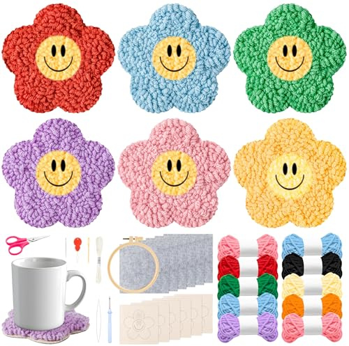 E1mity 22 Stück Punch Needle Coaster Set für Anfänger Kinder Erwachsene, Einfaches DIY-Stickset Handwerk Stickerei Kit Easy Embroidery mit Instruction für Home Dekor Bastelset Geschenk, Smile Flower