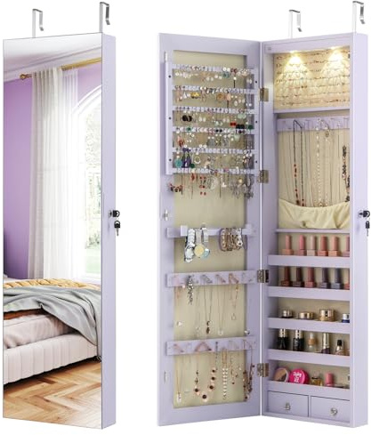 GOPLUS Schmuckschrank mit LED, Spiegelschrank hängend mit Schlüsseln, Schmuckregal mit Spiegel für Ringe, Ohrringe, Halsketten, Armbänder, 120x35,5x10cm (Lila)