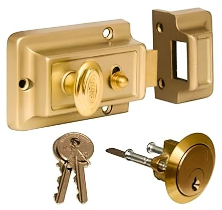 Rim Night Latch 60mm – Polished Brass Door Lock with 3 Keys, Deadlocking Snib and Internal Knob – Secure Front Door Security Latch - Universal 60mm Backset for Wooden Doors Left or Right Hand Opening