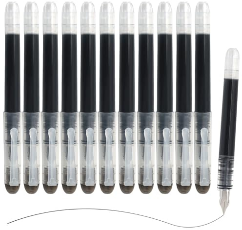 MOTIBACK 12PCS Disposable Fountain Pens - Black Ink Smooth Writing Fountain Pen, Quick-Drying Liquid Ink, Fine Nib for Journaling, Sketching, Lettering, Calligraphy, School, Office & Gift Supplies