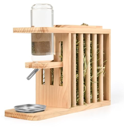 PESNLO W03 Heuraufe inkl. höhenverstellbarer Trinkflasche.2 in 1 Heuraufe Meerschweinchen mit Trinkflasche. Naturholz. Meerschweinchen Heuraufe, Kaninchen, Hasen, Hamster Trinkflasche.