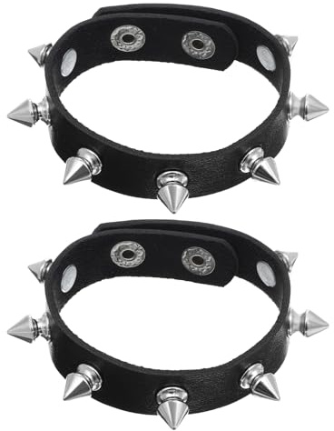 JIYIN 2 pulseras de pinchos punk rock, pulsera ajustable de cuero con tachuelas, pulseras emo negras, joyería gótica para mujeres y hombres, regalo punk de Halloween y Navidad (2 cabezas cortas)