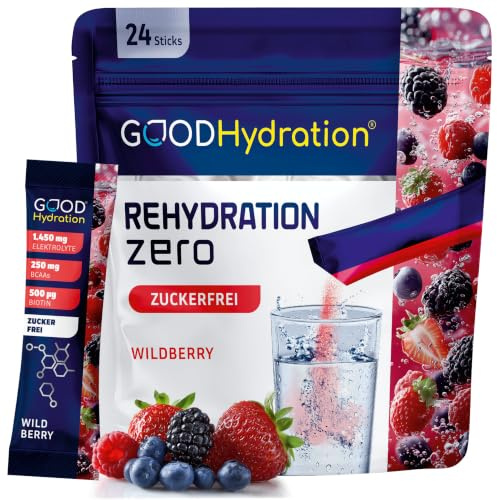 GOOD Hydration® Elektrolyte ZUCKERFREI – WALDBEERE – 24 Hydration Sticks | 1.450mg Elektrolytpulver ohne Zucker – BCAA und Biotin – Wissenschaftliche Formel für Sport Arbeit & Party – Made in Germany
