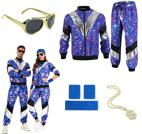 Efymosce Déguisement Année 80 90 Homme Femme, Costume Années Survêtemen, Rétro Disco Hippie Survêtement Veste Pantalon Accessoire Bandeau Protège-poignets pour Carnaval Halloween Fête Bad Taste (XL)