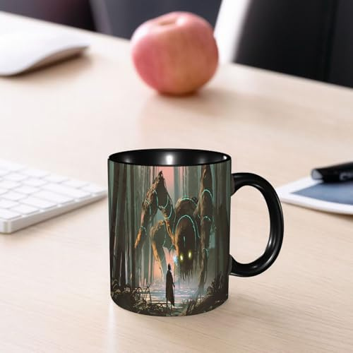 EMCLKS Tazze colazione,Durevole,Tazze Caffe e The 330ml,Idee Regalo Regali Natale,Mug per Lavastoviglie e Microonde,giovane mago con bastone magico e creatura gigante che si guardano nella foresta il