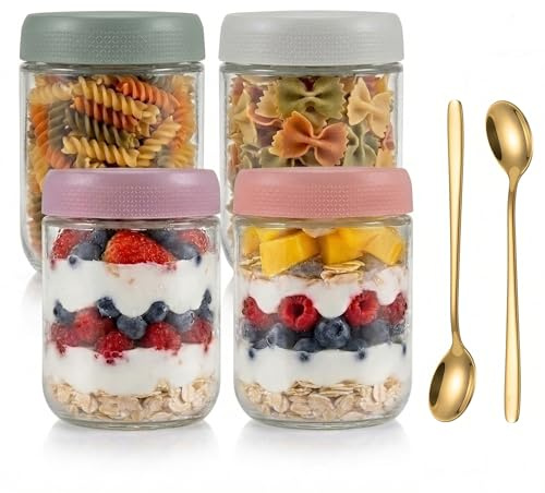 Overnight Oats Lot de 4 bocaux en verre de 500 ml – Bocaux anti-fuite avec couvercle à visser et anneau en silicone – Idéal comme conteneur à emporter, yaourt à emporter, pots de conservation pour