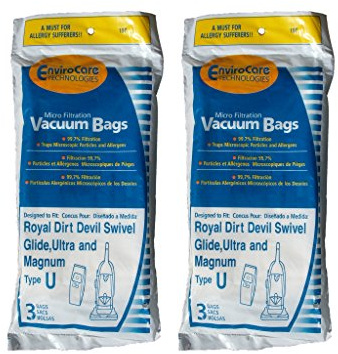 6 Royal Dirt Devil Type U MVP Swivel Allergy Vacuum Bags, Ultra, Magnum, Powercast, Protege, Regina, Feather Glide, Procision, Magna Power, Breeze Lightweight, Privilege, Platinum Force Vacuum Cleaners, 3-920750-001, 3920047001, 920047, 454745, 40100526, 50178